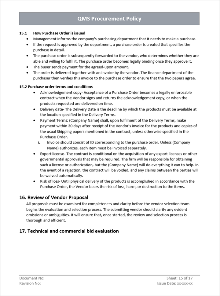 QMS Procurement Template Review of Vendor Proposal