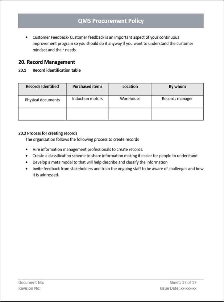 QMS Procurement Template Record Management