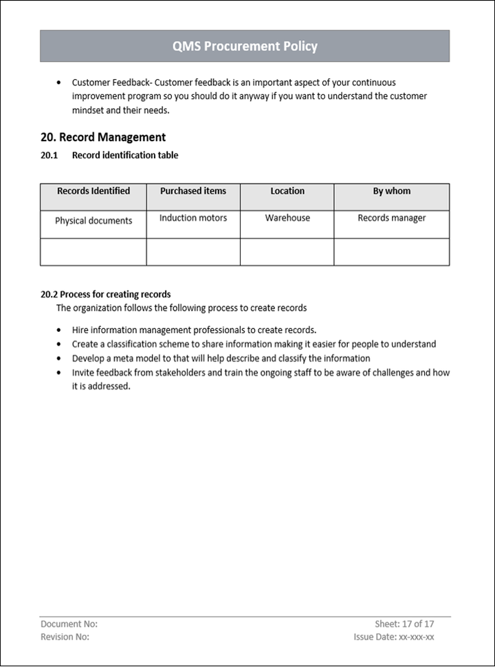 QMS Procurement Template Record Management