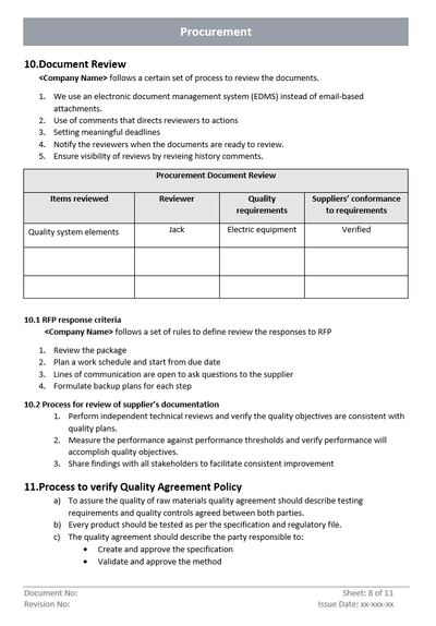Procurement Quality Agreement Policy