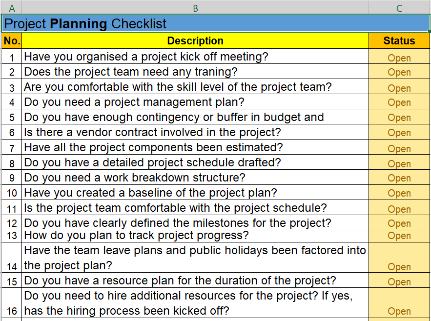 project management checklist template