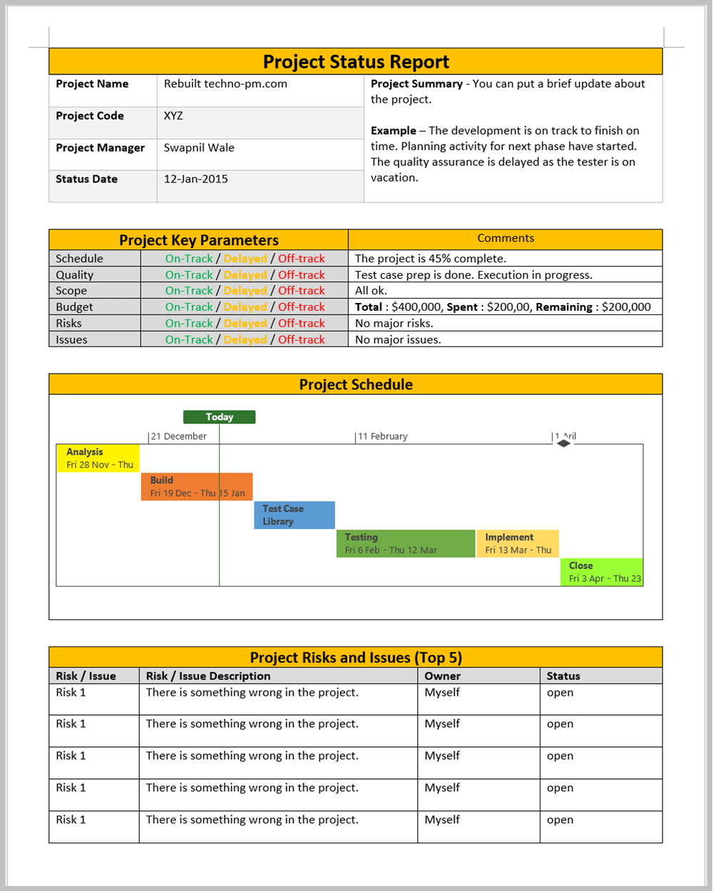 Project Status Report Template