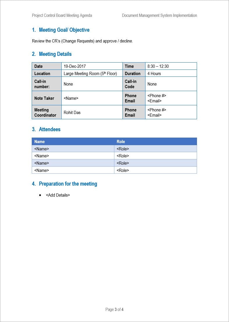 Project Control Board Meeting Agenda