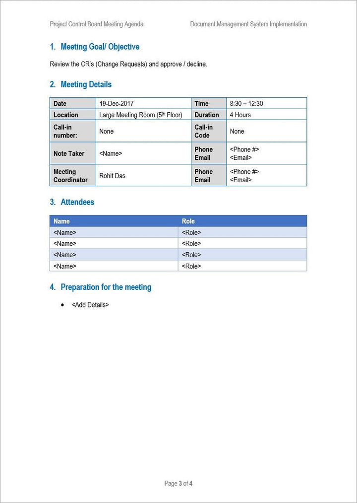 Project Control Board Meeting Agenda