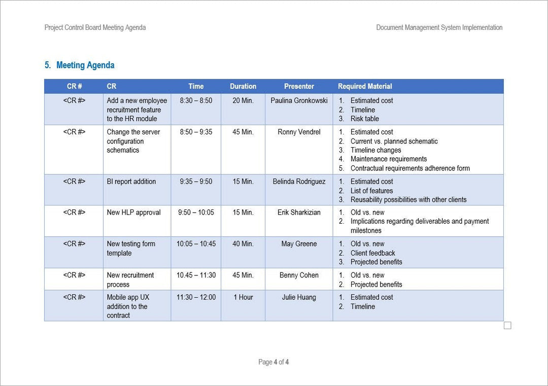 Project Control Board Meeting Agenda, Project Control Board