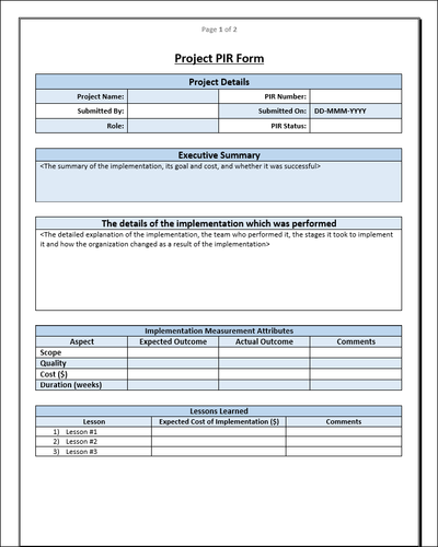 Project PIR Template, Project closure 