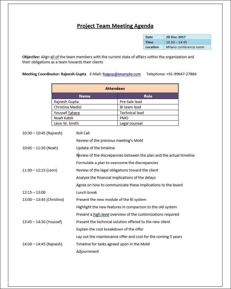 Project Team Meeting Agenda