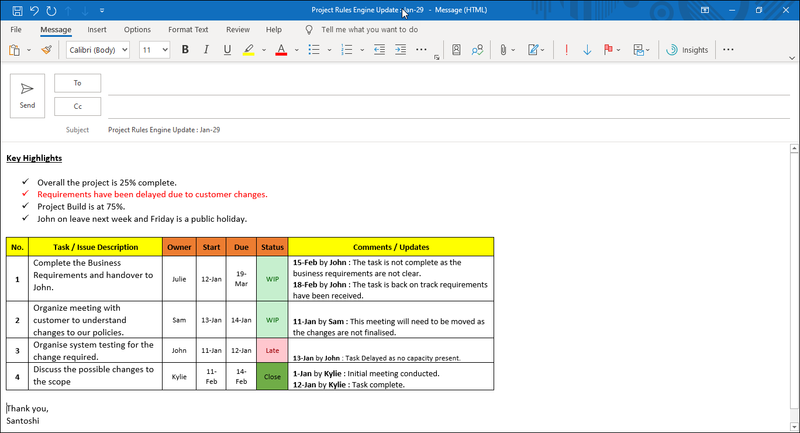 Project Update Detailed Outlook Template, Project Update 
