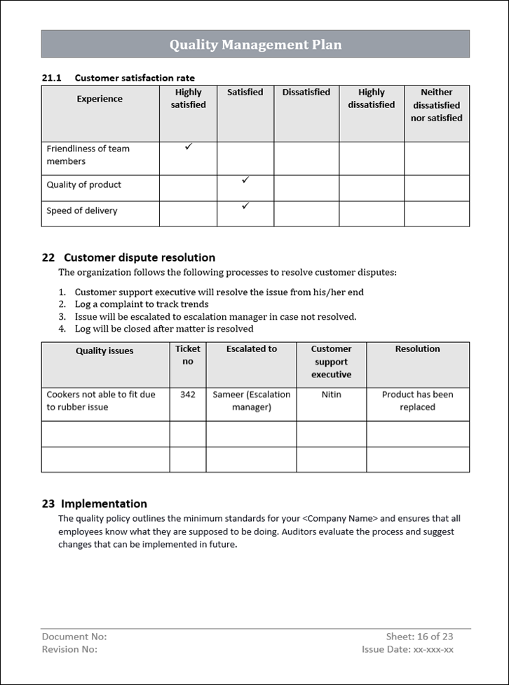 Quality Management Plan, Quality Management Plan customer dispute resolution