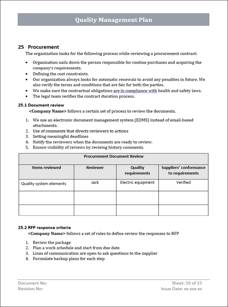 Quality Management Plan, Quality Management Plan procurement