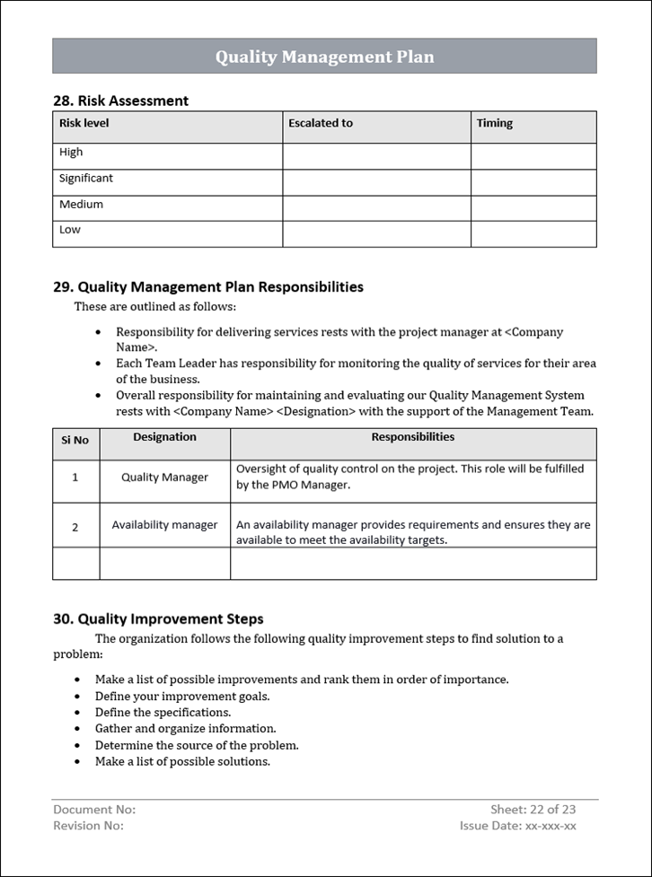 Quality Management Plan, Quality Management Plan risk assessment