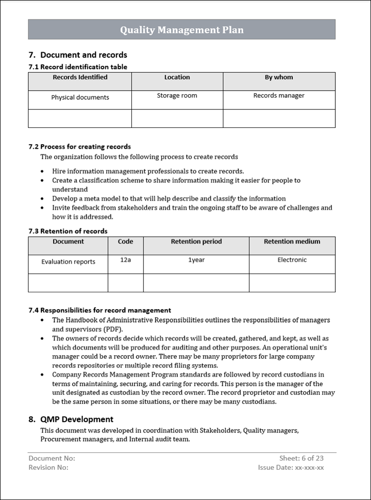 Quality Management Plan Document and records