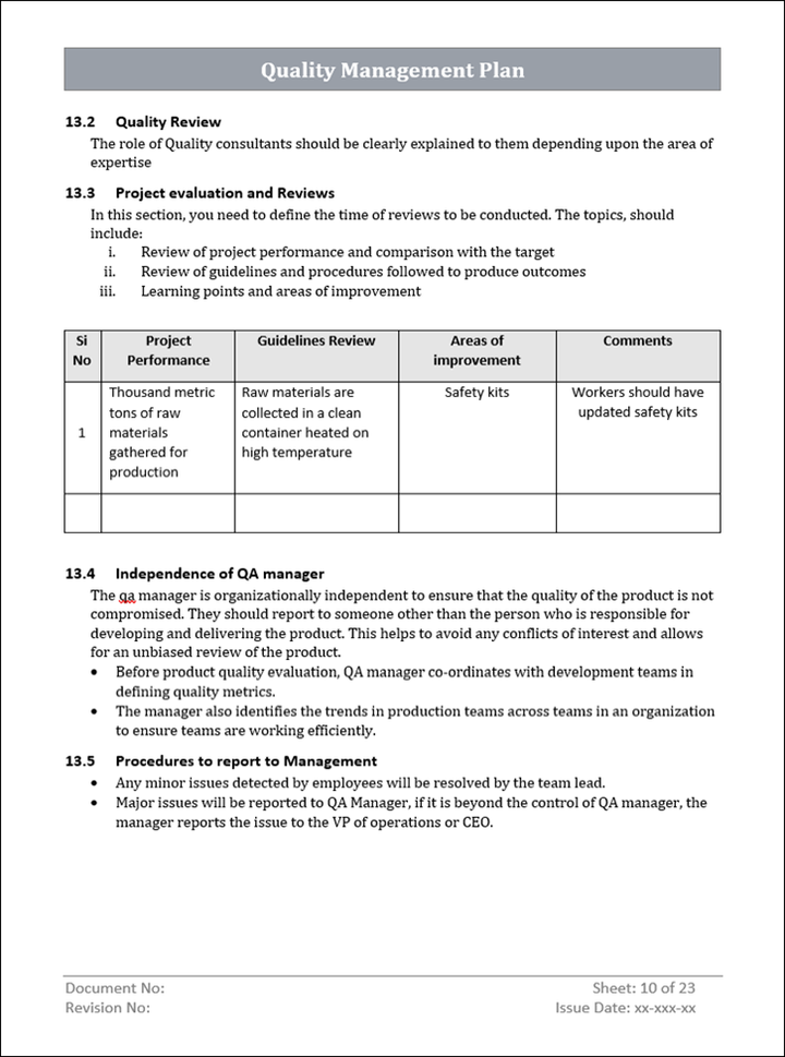 Quality Management Plan, Quality Management Plan project evaluation