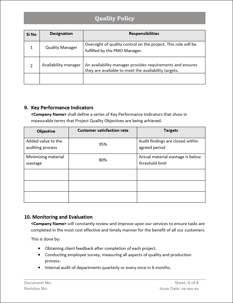 Quality Policy Key Performance Indicators