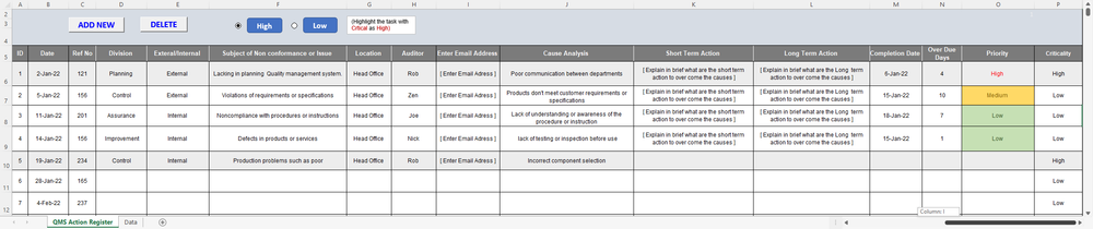 QMS 9001 Action Register Excel Template