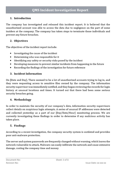Incident Investigation Report Objectives