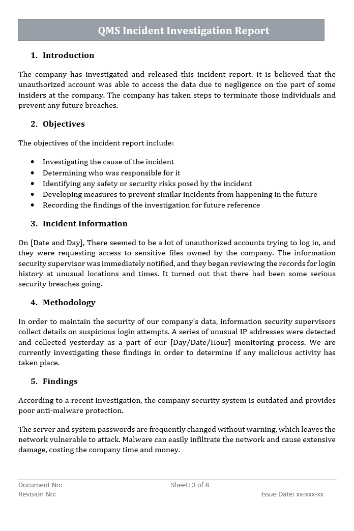 Incident Investigation Report Objectives