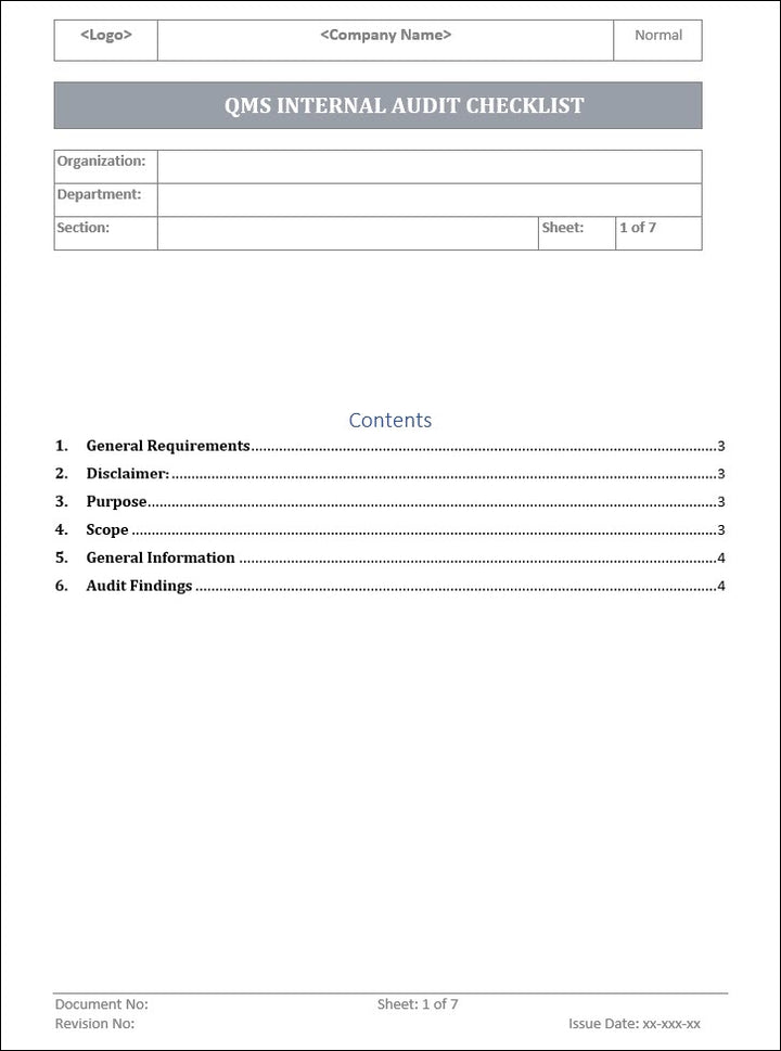 QMS Internal Audit Checklist