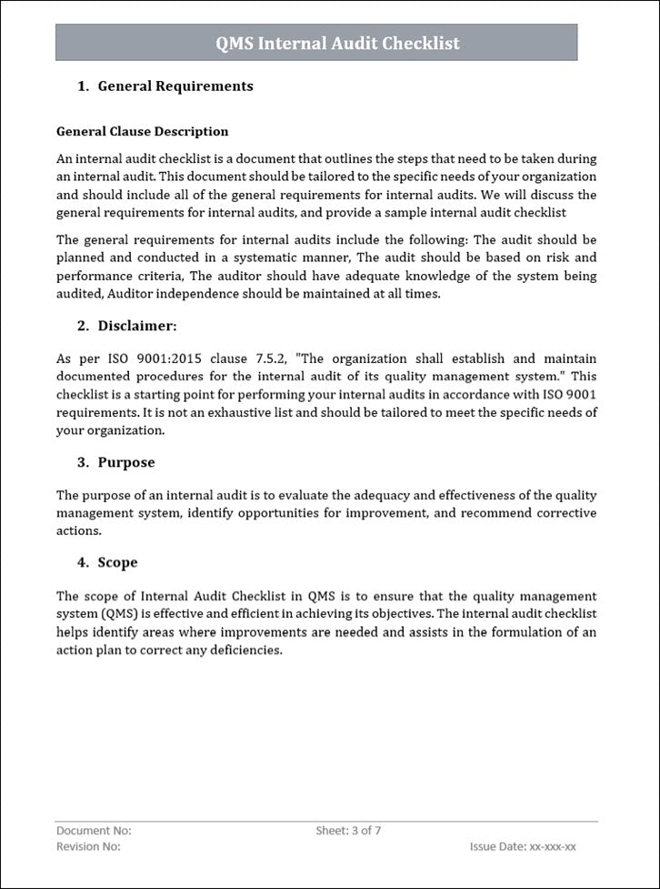 QMS Internal Audit Checklist Word Template