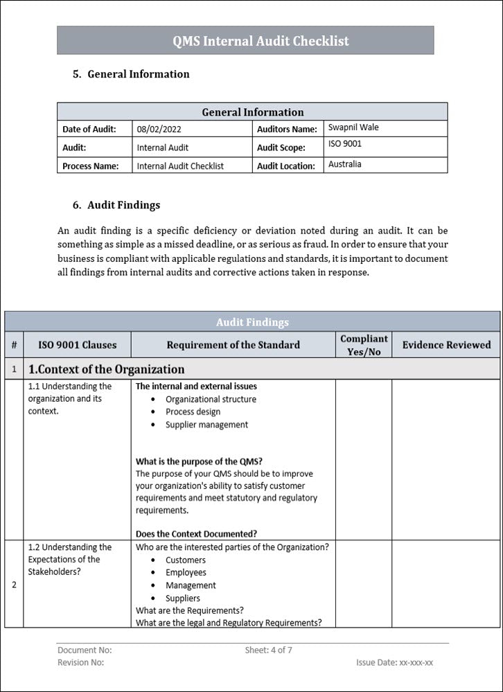 QMS Internal Audit Checklist Template Word