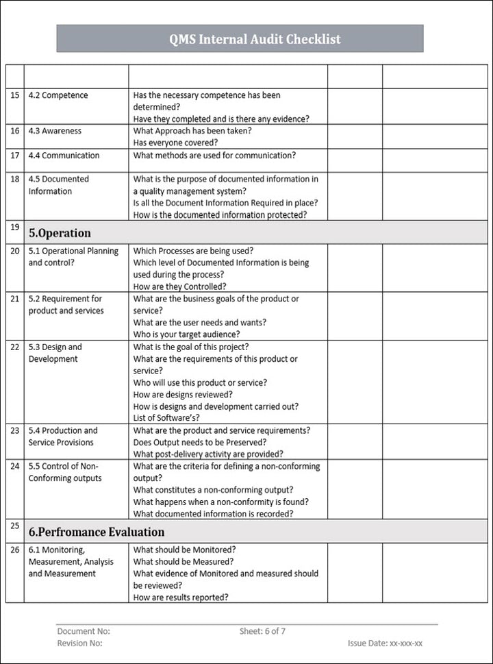 Internal Audit Checklist Template QMS