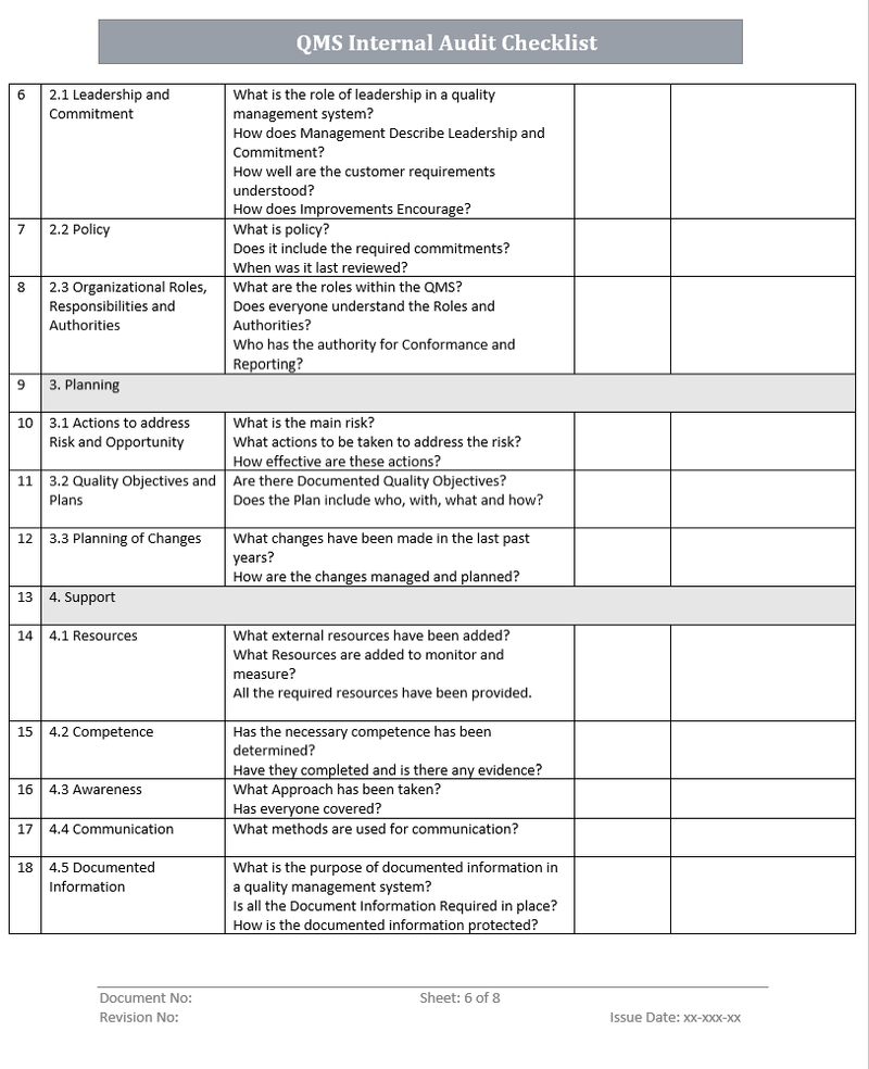 QMS Internal Audit Checklist Template