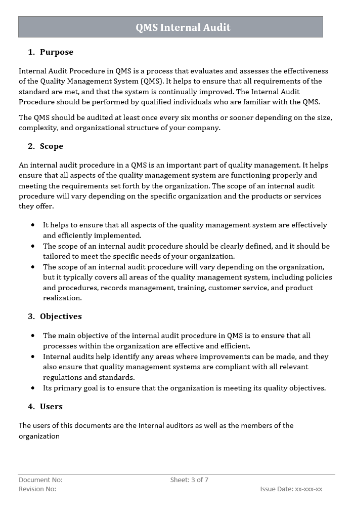 QMS Internal Audit Procedure Purpose