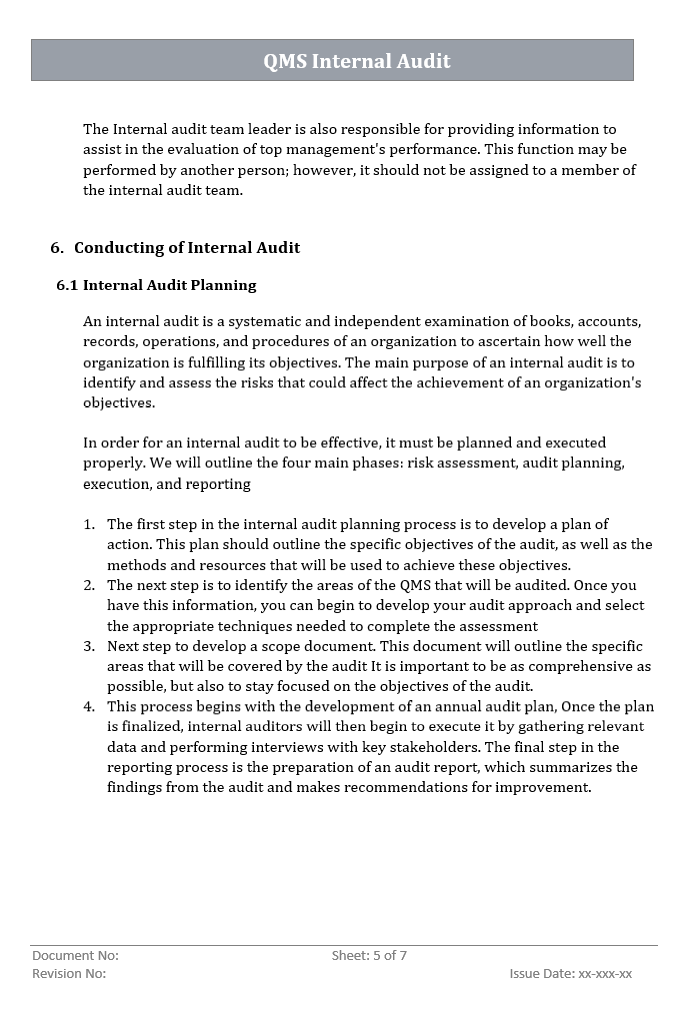 QMS Internal Audit Procedure Planning