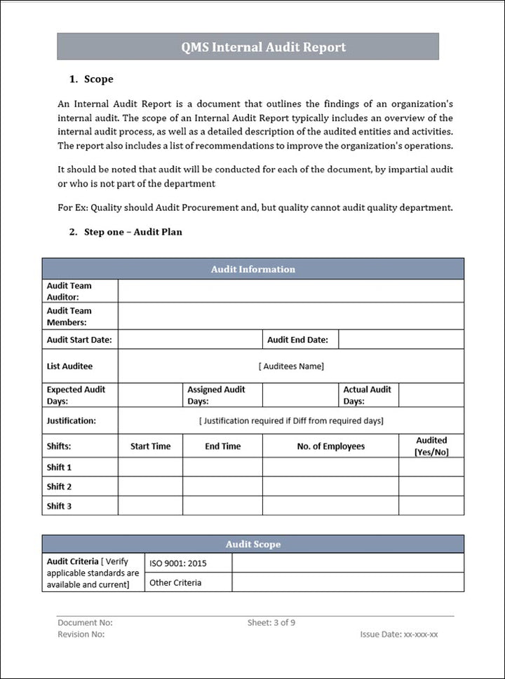 QMS Internal Audit Report Template Word