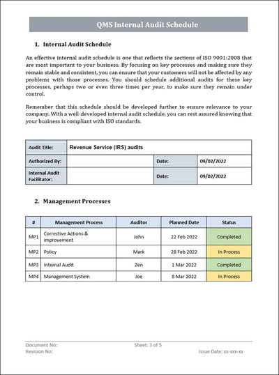 QMS Internal Audit Schedule