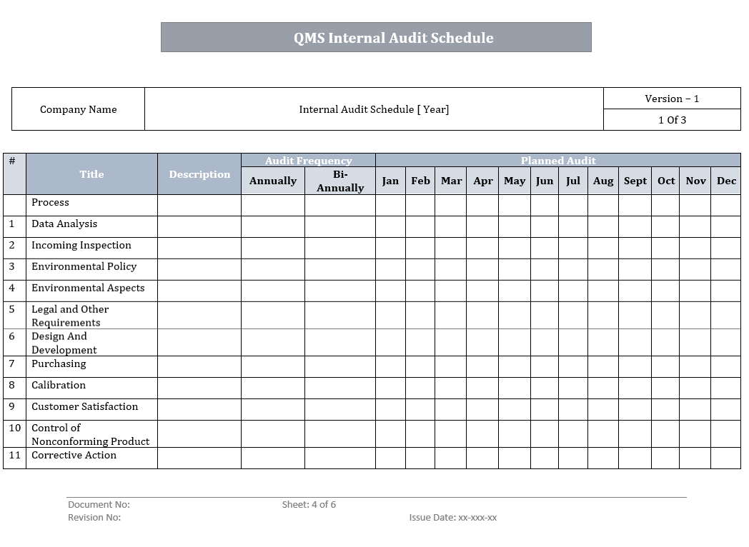 QMS Internal Audit Schedule Templates