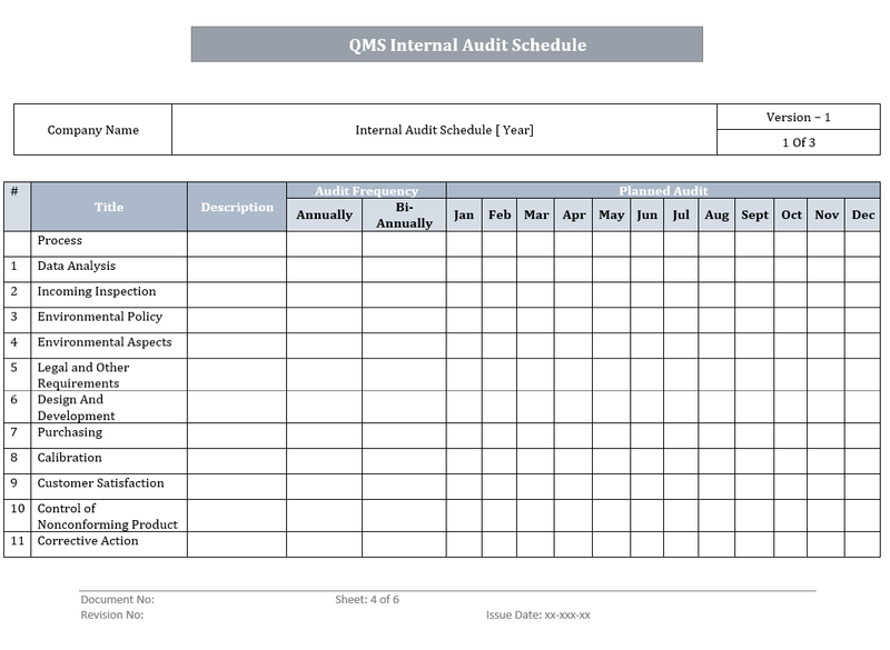 QMS Internal Audit Schedule Templates