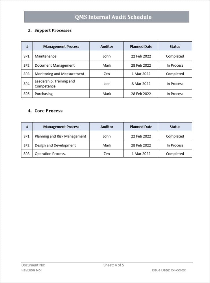 QMS Internal Audit Schedule Templates