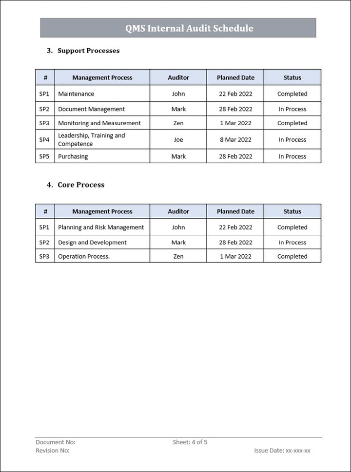 QMS Internal Audit Schedule Templates