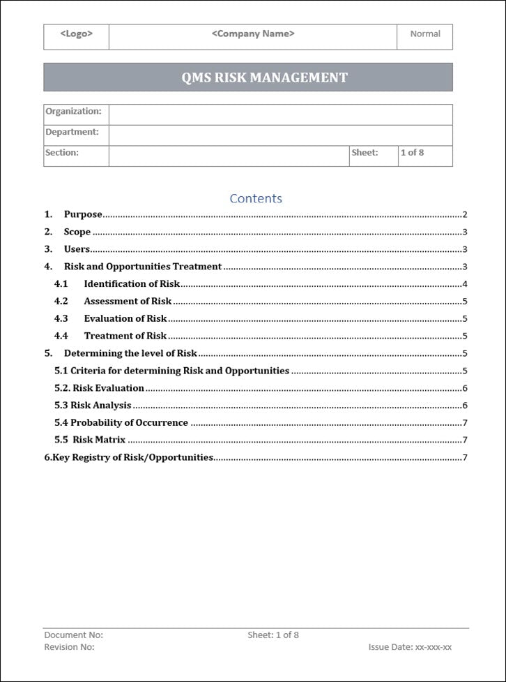 QMS Risk Management (ISO 9001) | QMS Risk Management Word Template ...