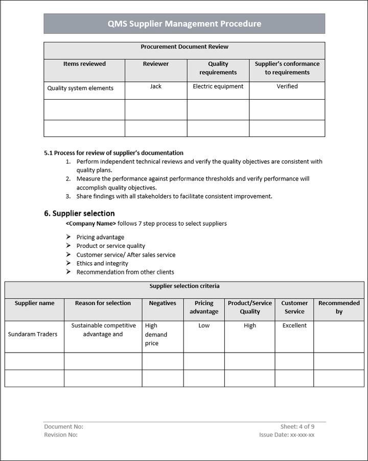 QMS Supplier Management Procedure Template Word