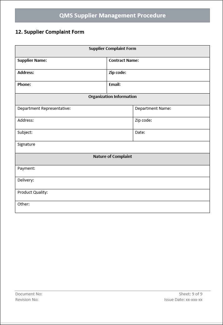 Quality Management System Supplier Management Template