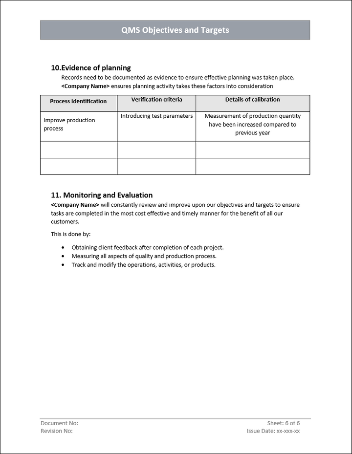 QMS Objectives and Targets Evidence Planning