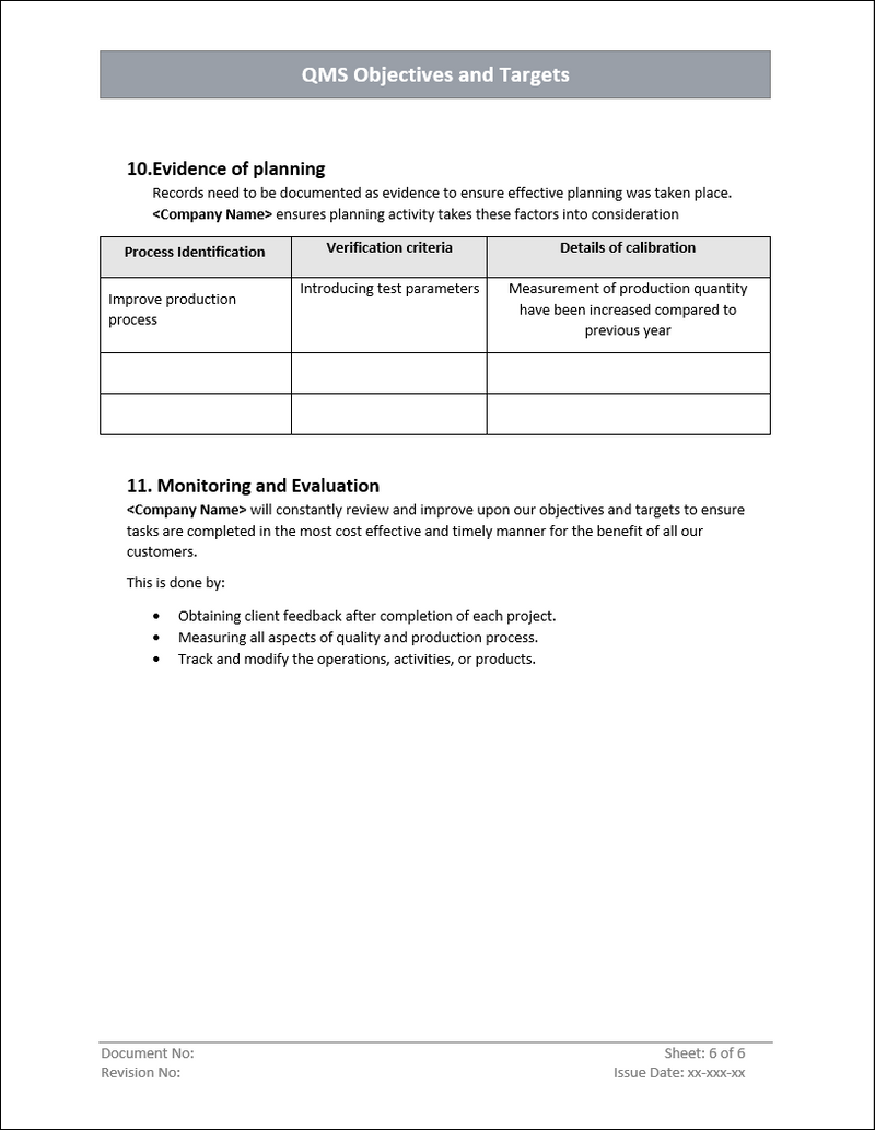 QMS Objectives and Targets Evidence Planning