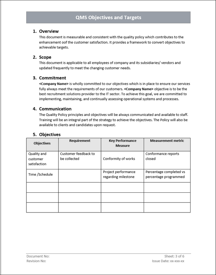 QMS Objectives and Targets Scope