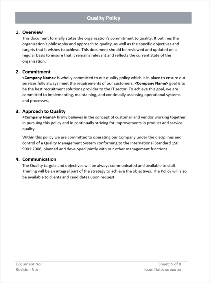 Quality Policy Samples QMS Quality Policy Template - ISO 9001 | Quality Policy Word Template ...