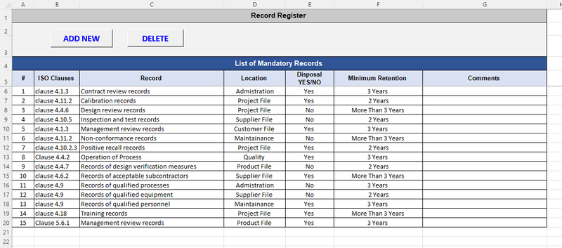 QMS Record Register Template