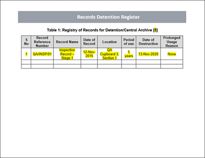 Records Detention register, registry of records