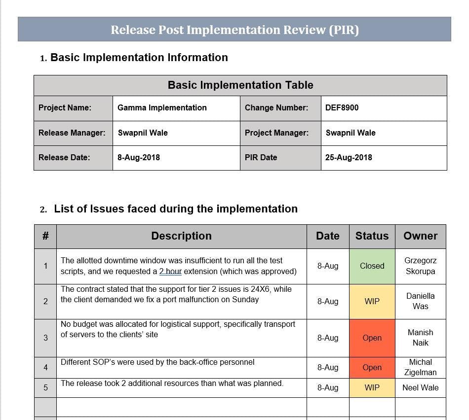 Post Implementation Report Format ISO/IEC 20000-1 Release Post-Implementation Review Template – ISO ...