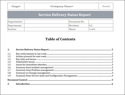 Service Delivery Status Report, Service Delivery 