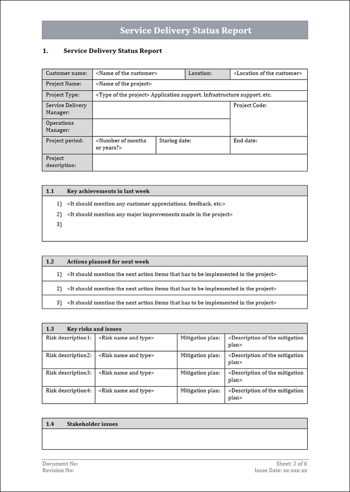 Service delivery status report, service management