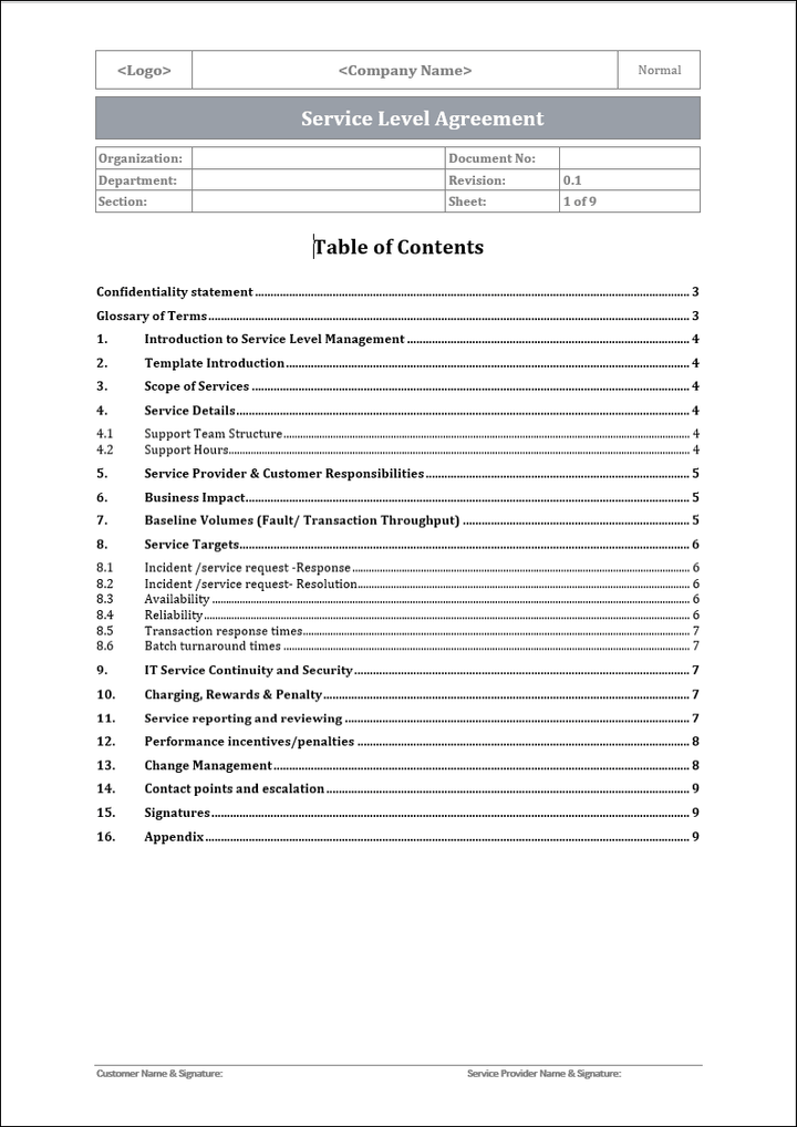 Service level agreement, service management