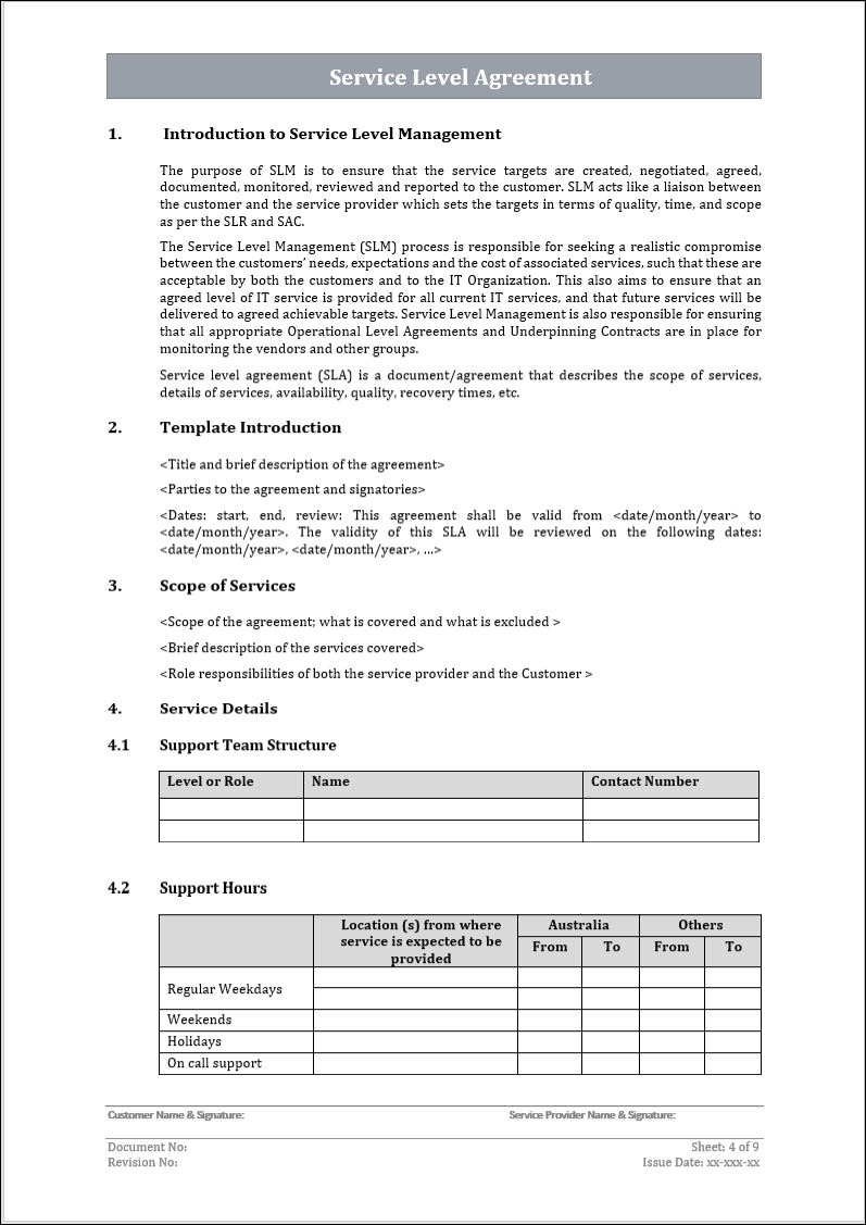 Service level agreement, service management