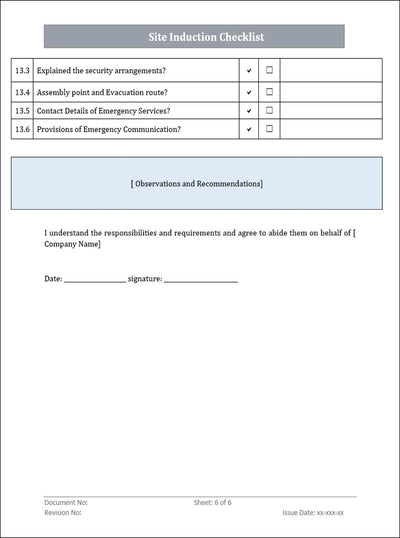 QMS Site Induction Checklist Word Template