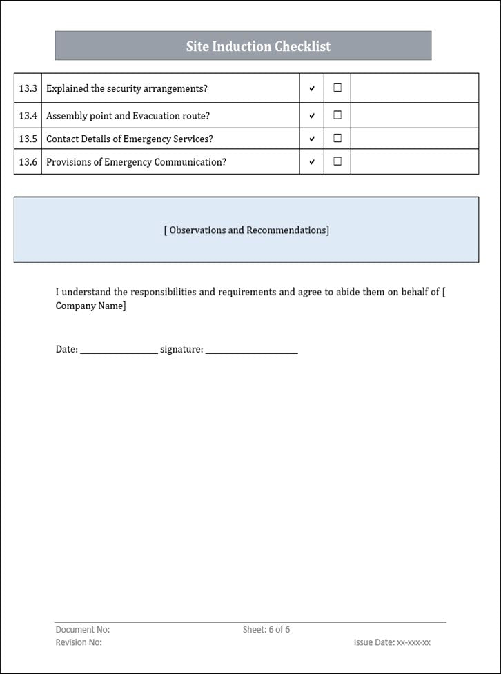 QMS Site Induction Checklist Word Template